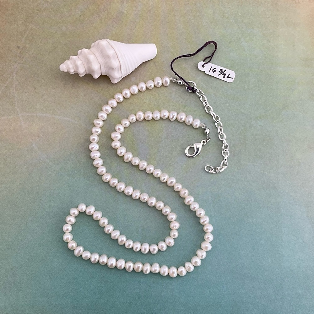 White Pearl Necklace, Oval Fresh Water Pearls, 16 3/4” Long, June Birthstone - Picture 6 of 11